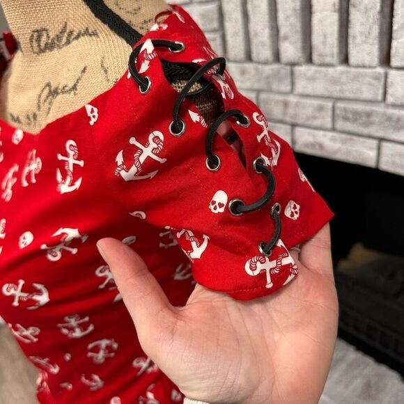 NWT Hot Topic Red Sailor Mini Dress Anchors & Skulls Medium Off Shoulder Lace Up - Picture 4 of 15